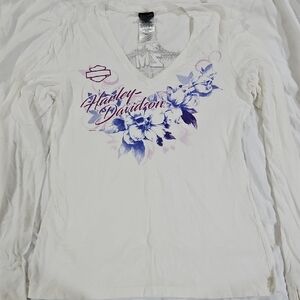 Harley-Davidson Women's White and Purple Floral Long Sleeve Tee
